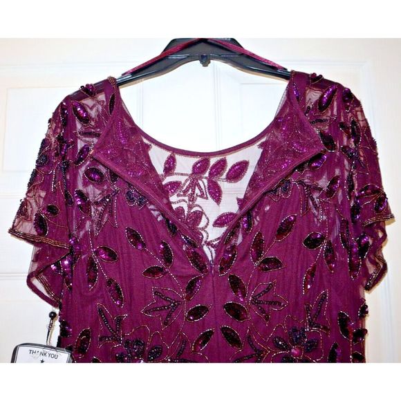 Adrianna Papell Plus Sz 16W Night Plum Hand Beaded S/S Floral Godet Gown $379 - Picture 7 of 10